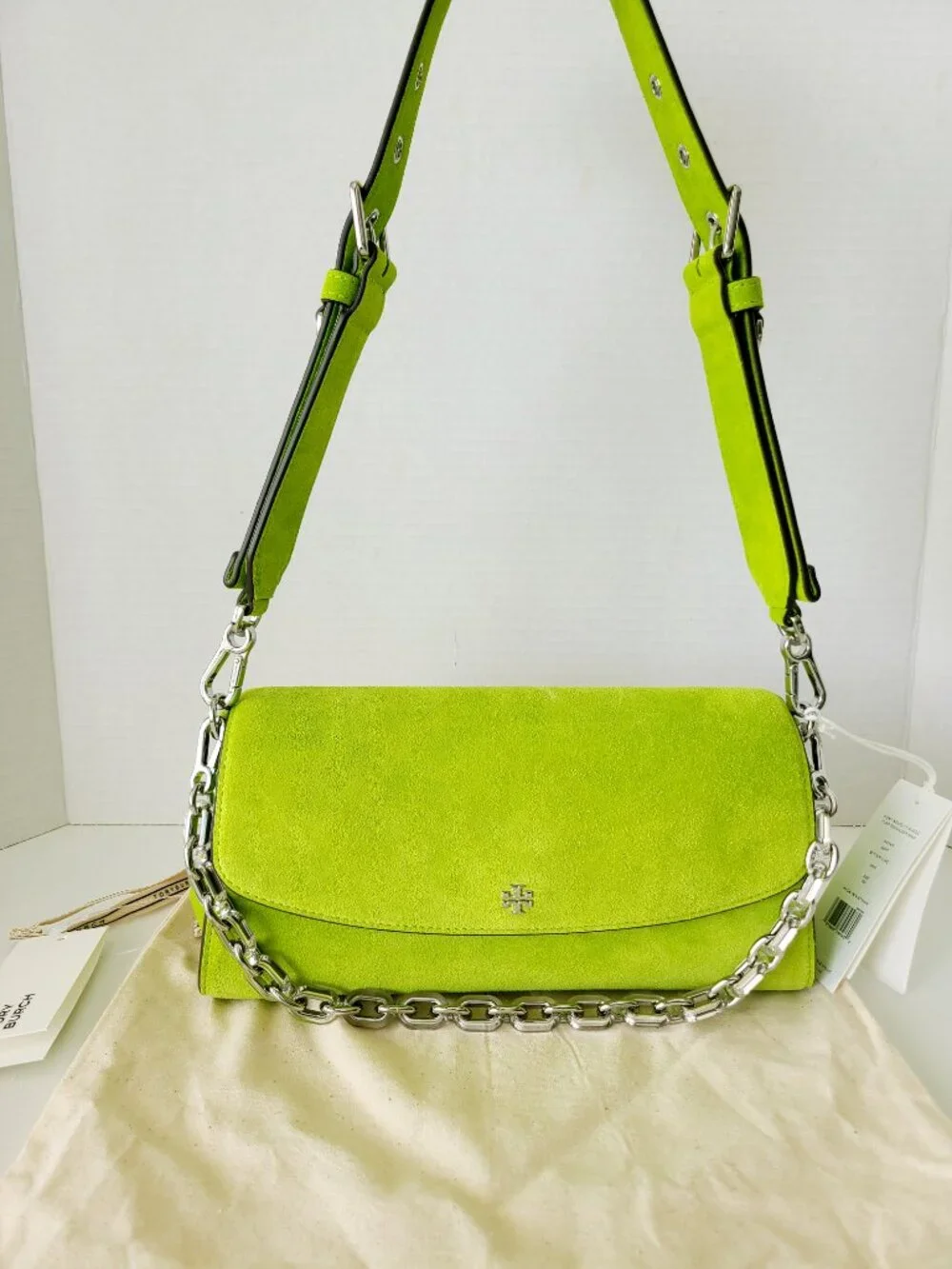 Tory Burch Rory Novelty Suede Flap Shoulder Bag Bitter Lime Multi Straps $675
